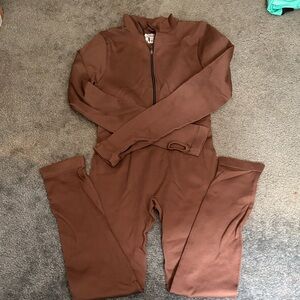 OQQ Ribbed Zip-Front Brown Jumpsuit